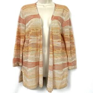 J Jill Linen Blend Cardigan Sweater S Open Front Orange Peach Stripe Small Top